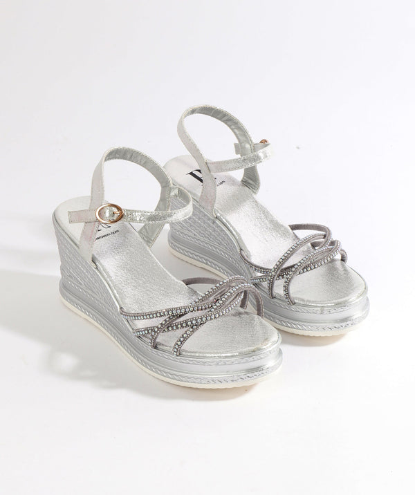 Alba - Silver Pearl Embellished Wedged Sole Sandals