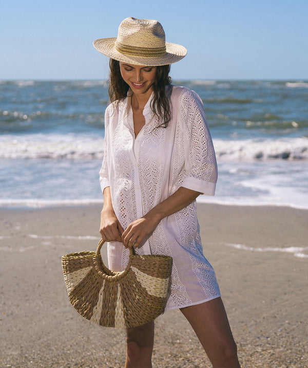 Straw fedora hat with silver embroidery, adjustable fit, crushable design and UPF 50 sun protection for beach, holiday and summer wear.