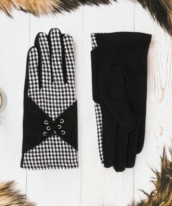 Amorette - Faux Suede Houndstooth Gloves