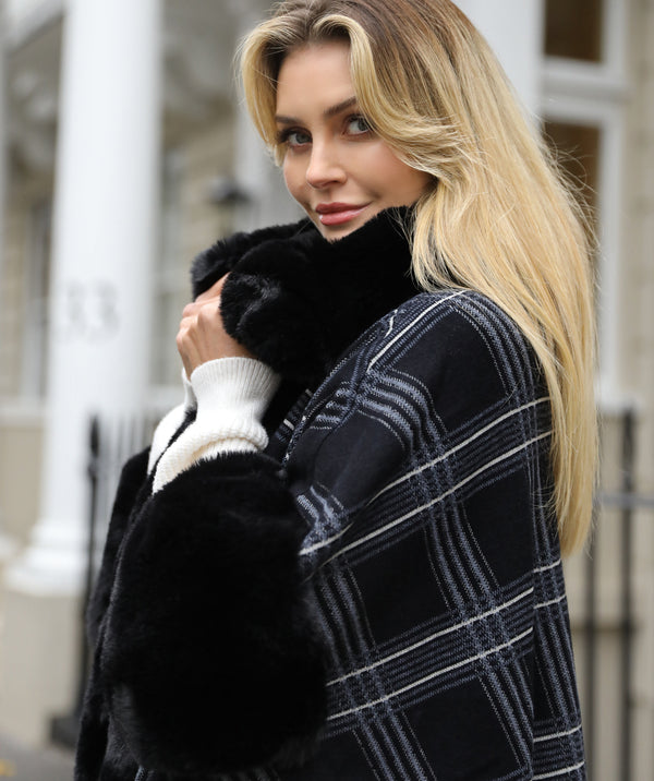 Auburn - Fine Check Faux Fur Cape