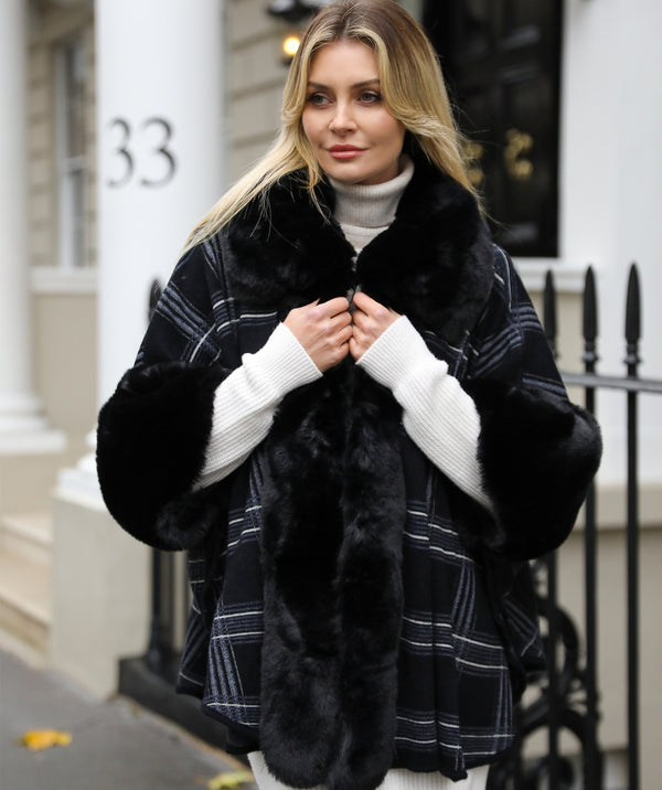 Auburn - Fine Check Faux Fur Cape