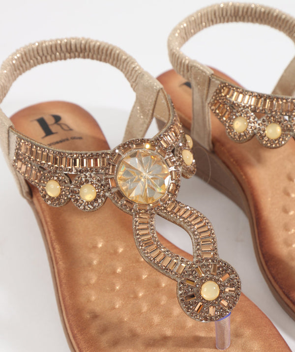 Cosmo - Gold Wedged Heel Sandal with Embellished Jewels