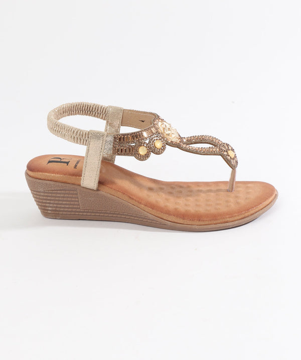 Cosmo - Gold Wedged Heel Sandal with Embellished Jewels