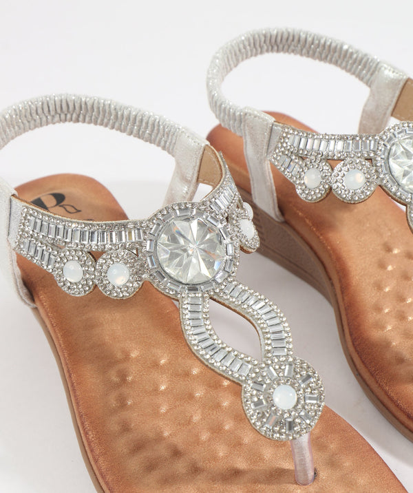 Cosmo - Silver Embellished Jewel Sandal with Wedged Heel