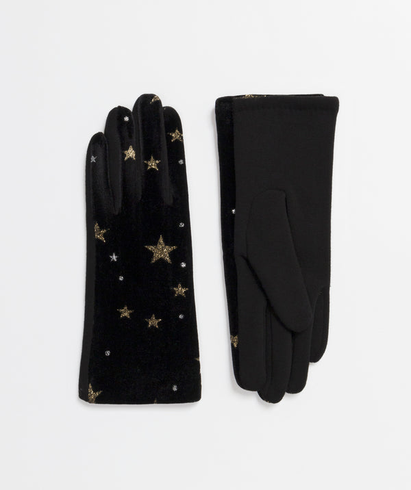 Etoile - Black Velvet Gloves with Metallic Stars