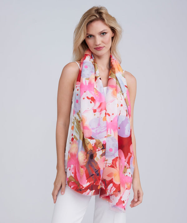 Multicoloured oblong summer scarf featuring a striking all-over print and finished edging for a clean, polished look. Made from soft, lightweight fabric with a smooth hand feel.