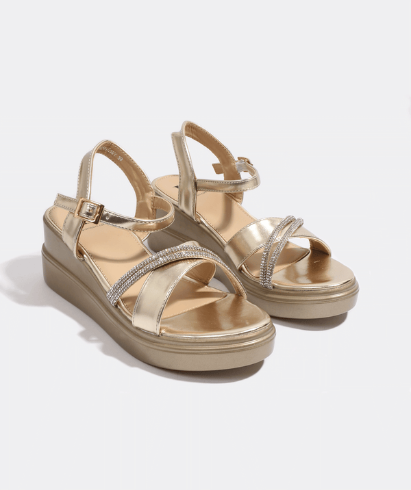 Hennessy - Gold Embellished Wedge Sandal with Adjustable Straps