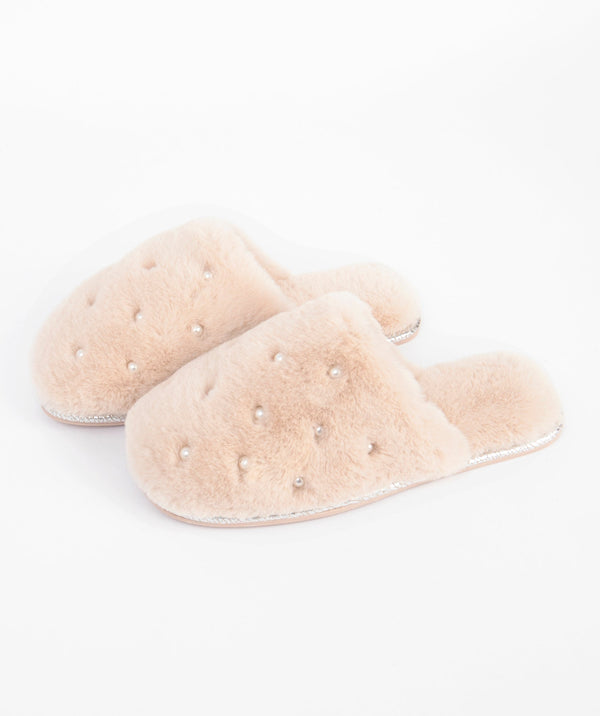 Jasmin - Honey Faux Fur Slippers with Pearl Embellishment
