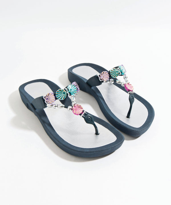 Myraid - Navy Wedge Heel Embellished Sandal with Non-Slip Sole