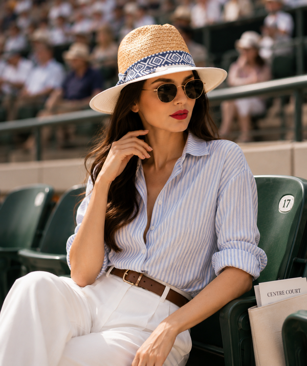 Natural straw fedora hat with two-tone Aztec brim, UV protection, moderate brim size for sun protection, beach and summer outdoor wear.