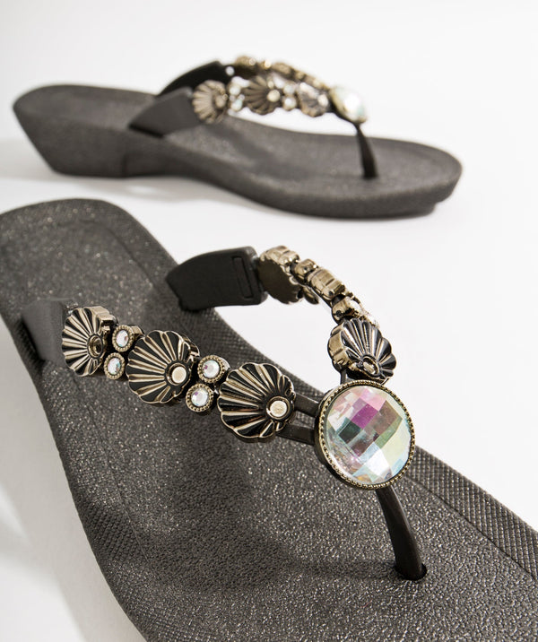 Seychelles - Black Wedge Heel Embellished Sandals with Non-Slip Sole