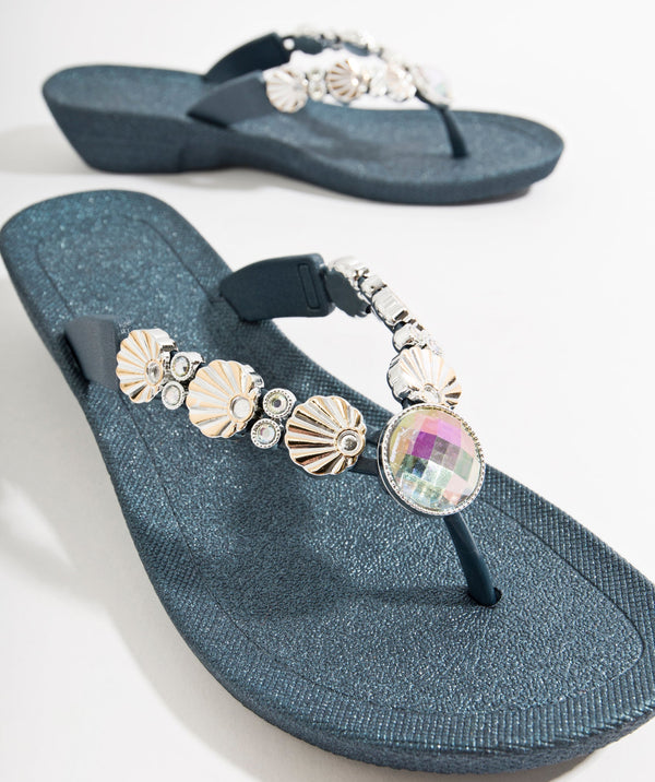 Seychelles - Navy Wedged Embellished Sandals with Non-Slip Sole