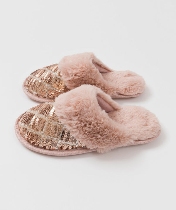 Skylar - Blush Faux Fur Slippers with sequin Embellishments.