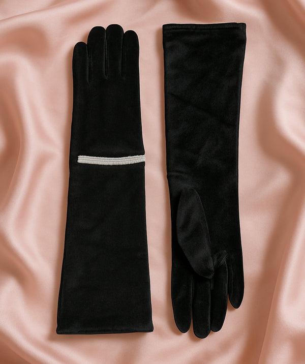 Vanessa - Black Velvet Jewelled Longline Occasion Gloves