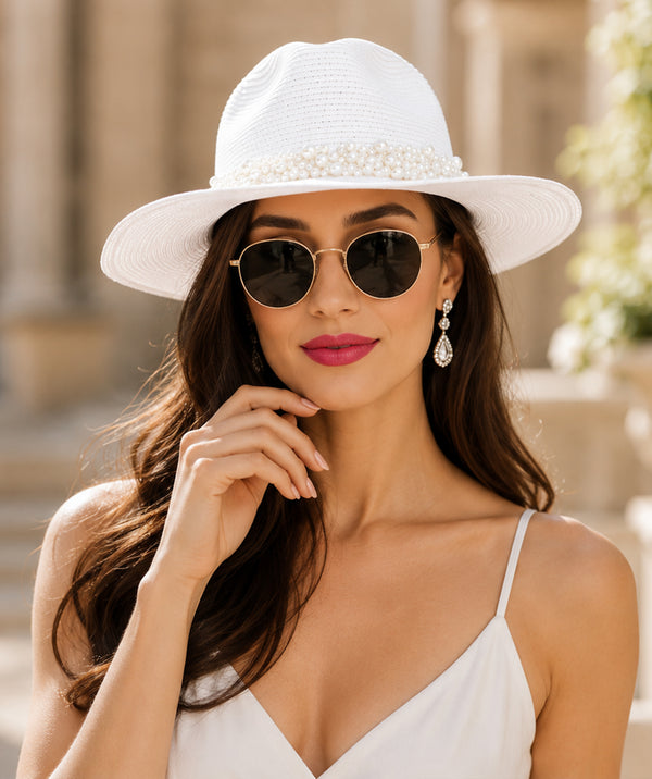 Verity - Pearl Trim Straw Fedora