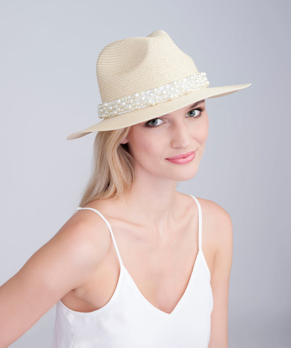 Verity - Pearl Trim Straw Fedora