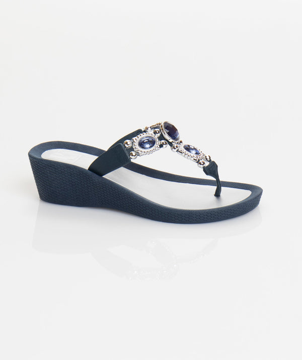 Appollo - Navy Jewelled Wedge Sandal