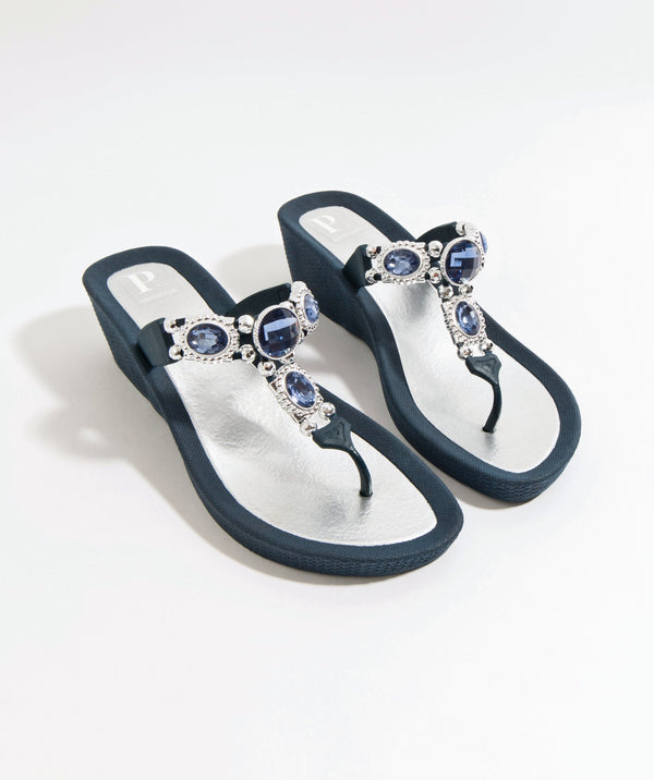 Appollo - Navy Jewelled Wedge Sandal